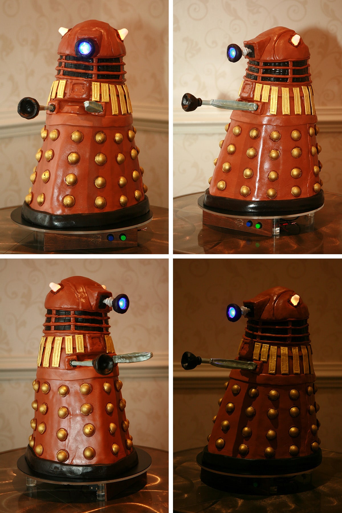 A 4 part image showing different views of the dalek cake.