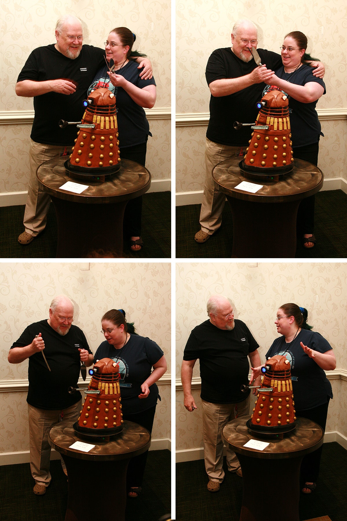 A 4 part image of Marie showing Colin Baker how to destroy a Dalek.