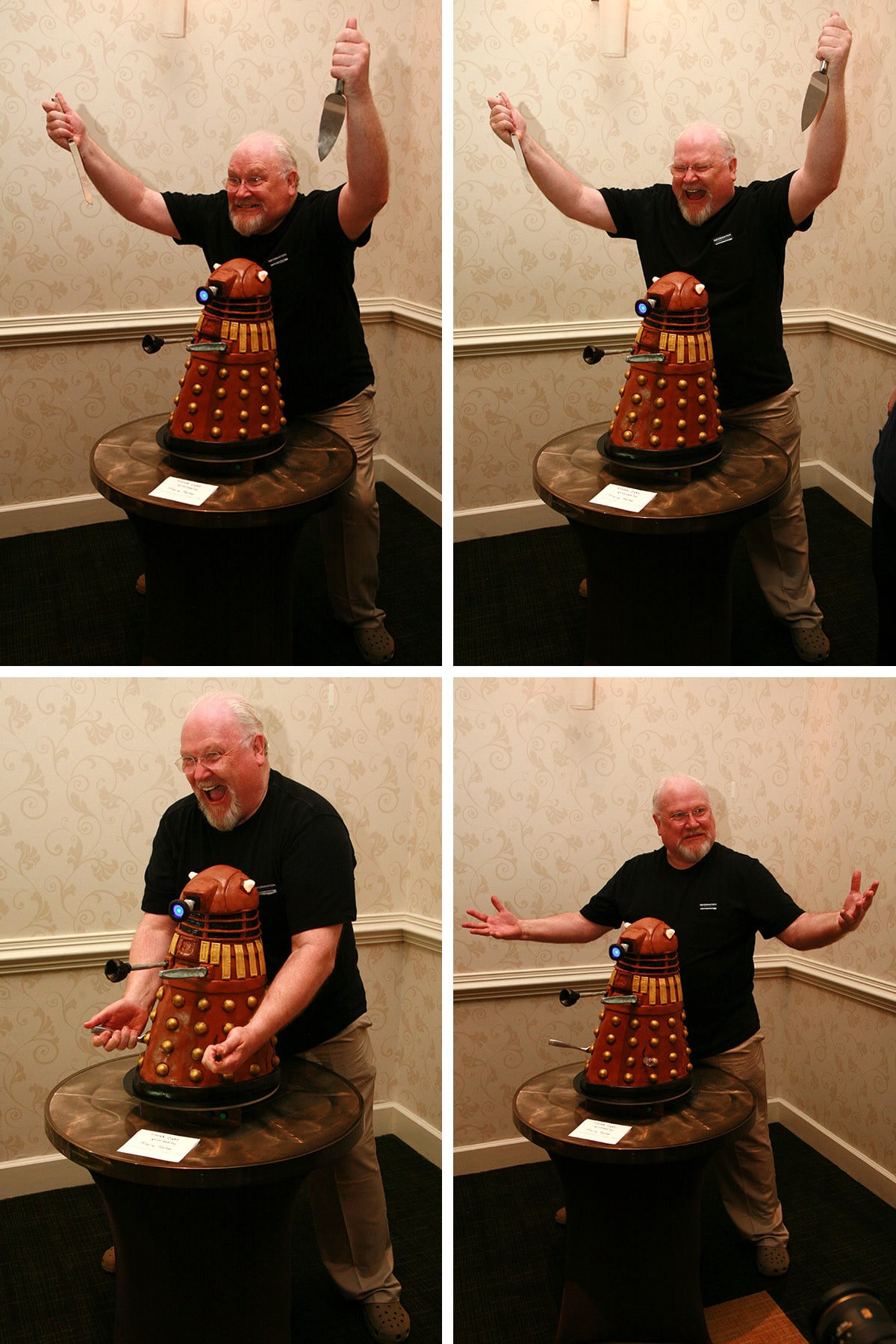 A 4 part image showing various views of Colin Baker joyously destroying a Dalek.