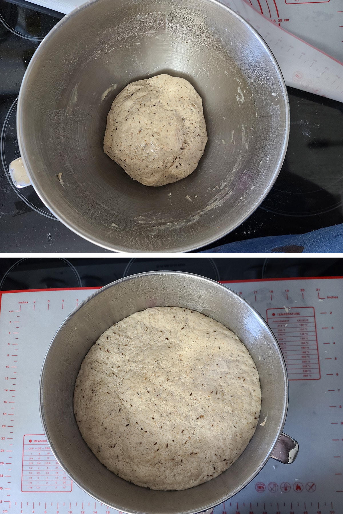 The ball of dough before and after rising.