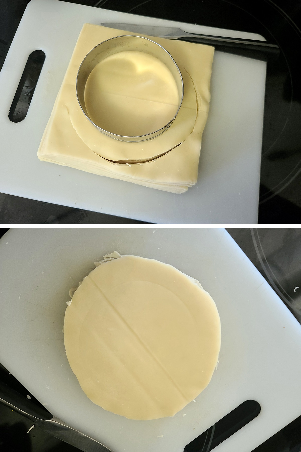 A two part image showing an english muffin ring being used to cut round wrappers out of egg roll square wrappers.