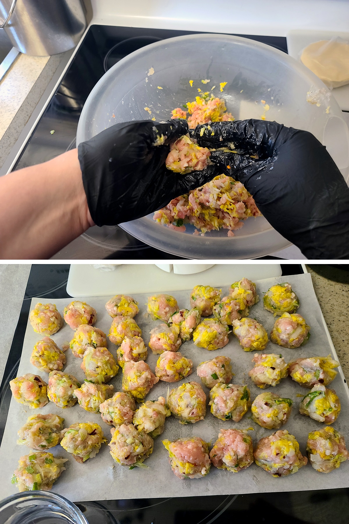 Hands form the filling into balls, and dozens of filling balls are arranged on parchment paper.