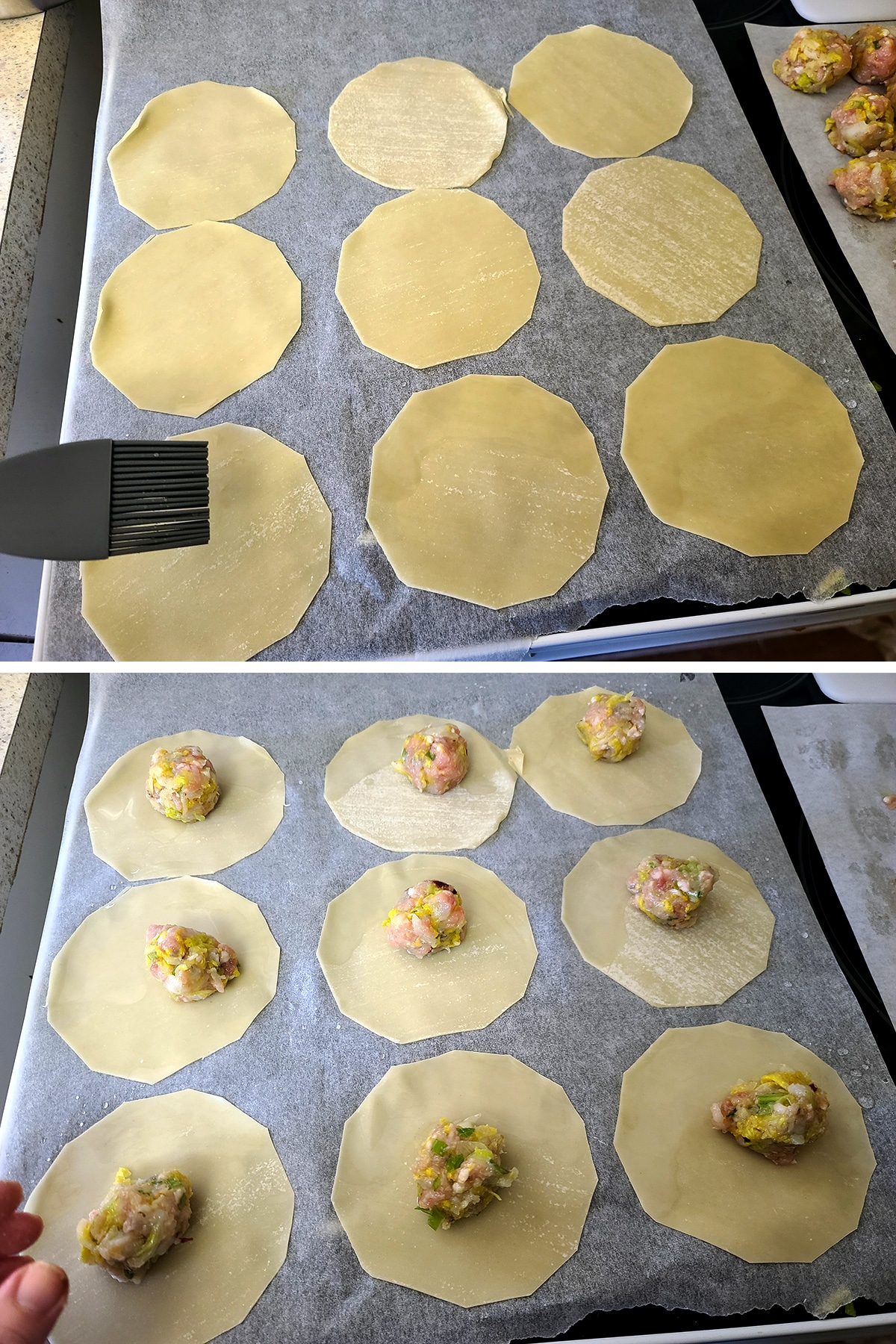 Water is brushed on round gyoza wrappers, and a ball of filling is placed in the center of each wrapper.