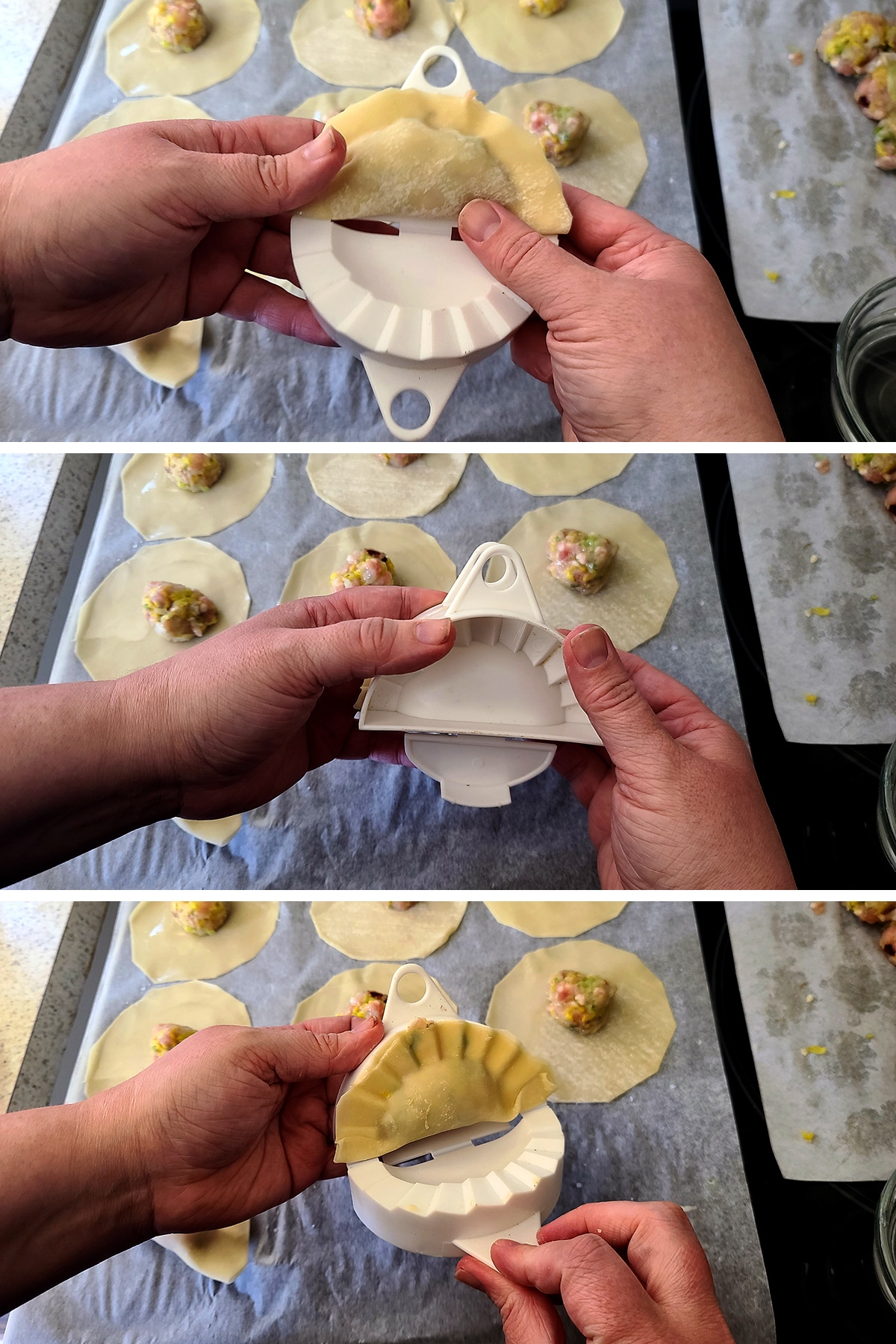 A 3 part image showing a dumpling press forming a gyoza.