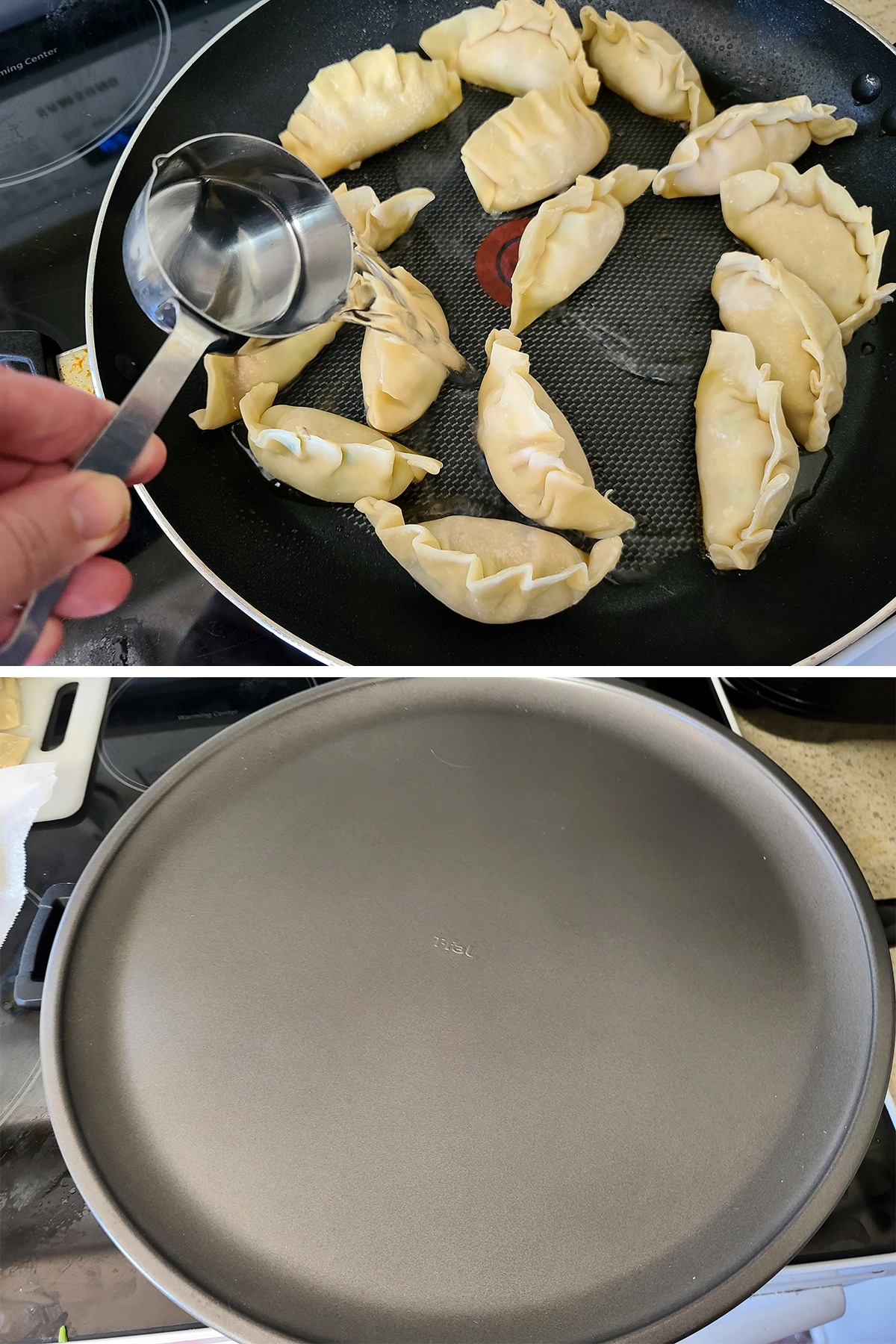 Water is added to the pan, and it is covered.