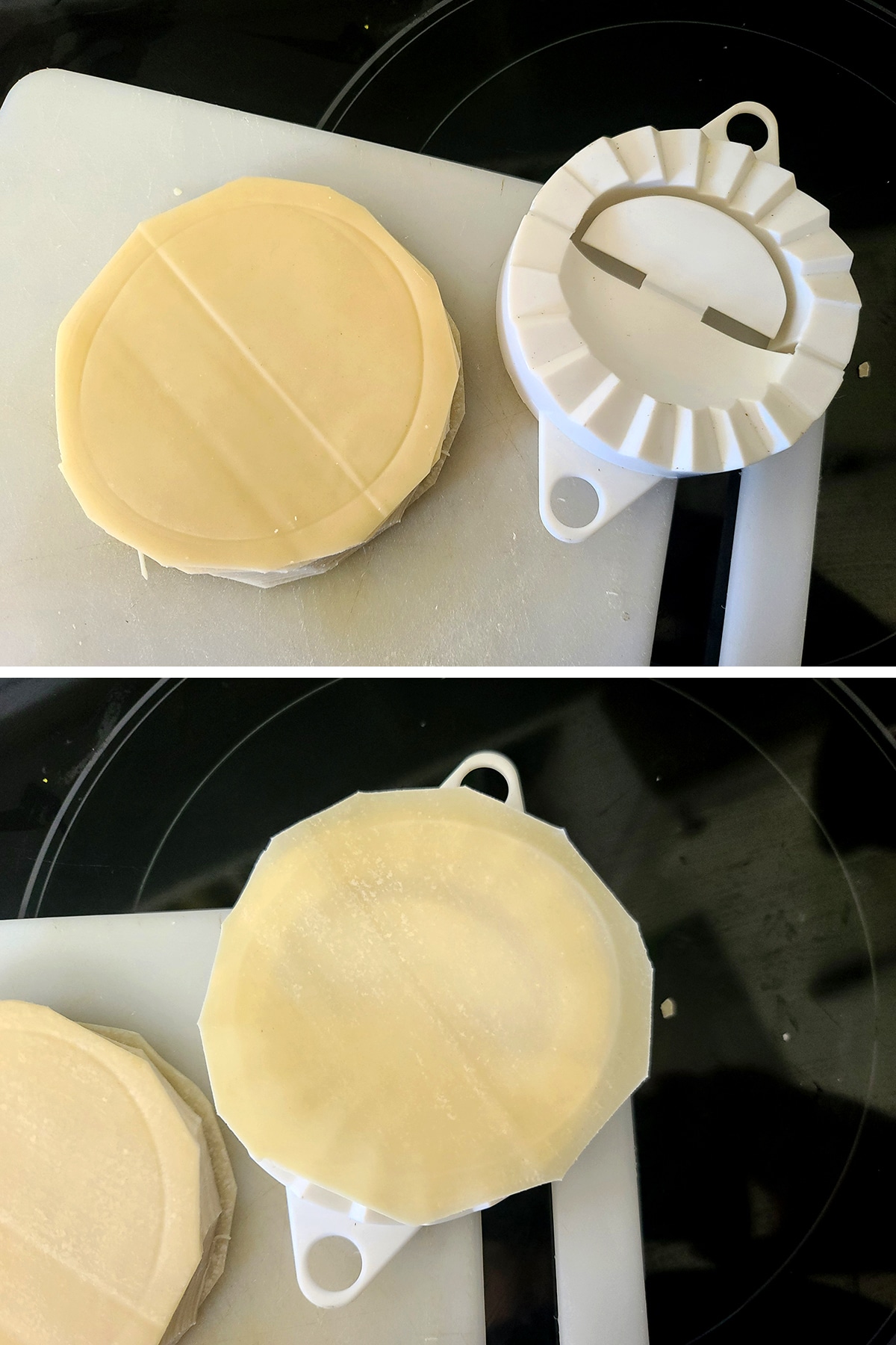 A two part image showing round freehand cut gyoza wrappers being sized up against a gyoza press.