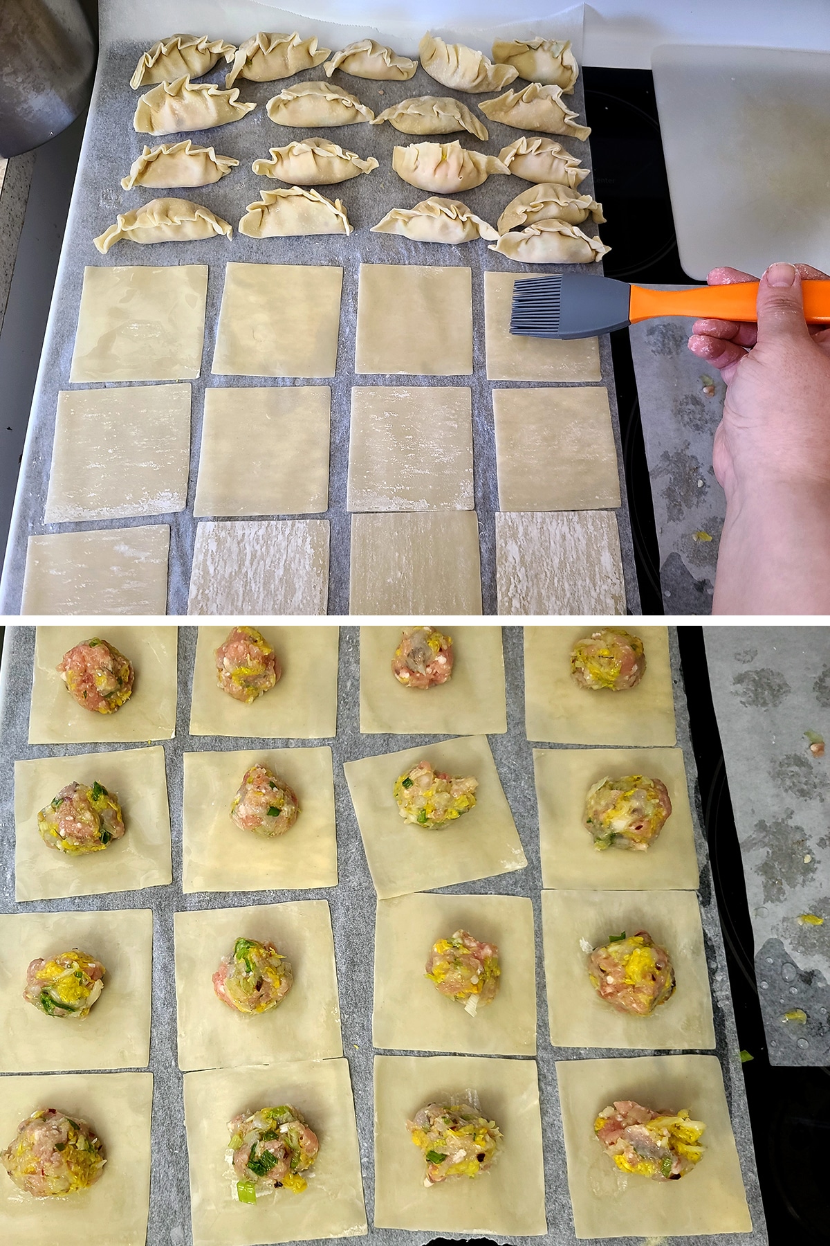 water is brushed over won ton wrappers, then filling balls are centered on each wrapper.