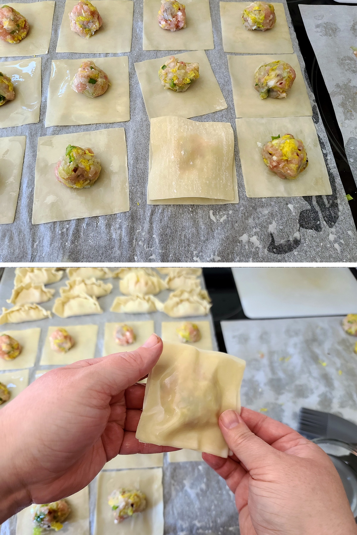 A two part image showing wrappers being added to the top of each wrapper and filing combo, and hands forming a raviolo.
