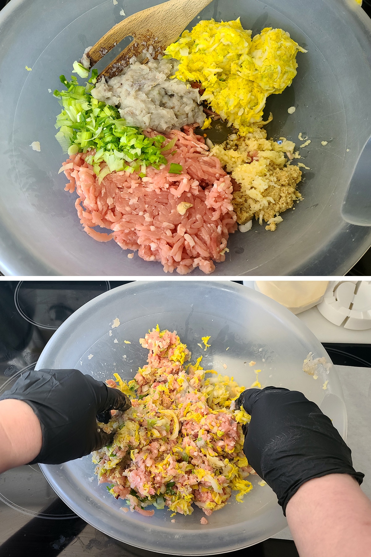 A two part image showing all of the filling ingredients in a big bowl, before and after being mixed together.