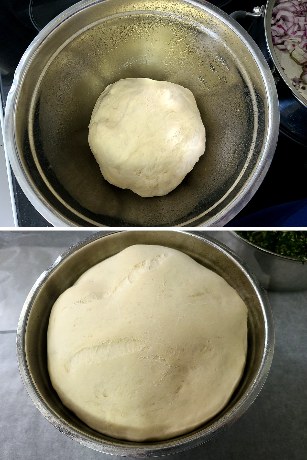 A two part compilation image showing a dough ball in a metal bowl, and that same dough ball after rising - it almost fills the bowl.