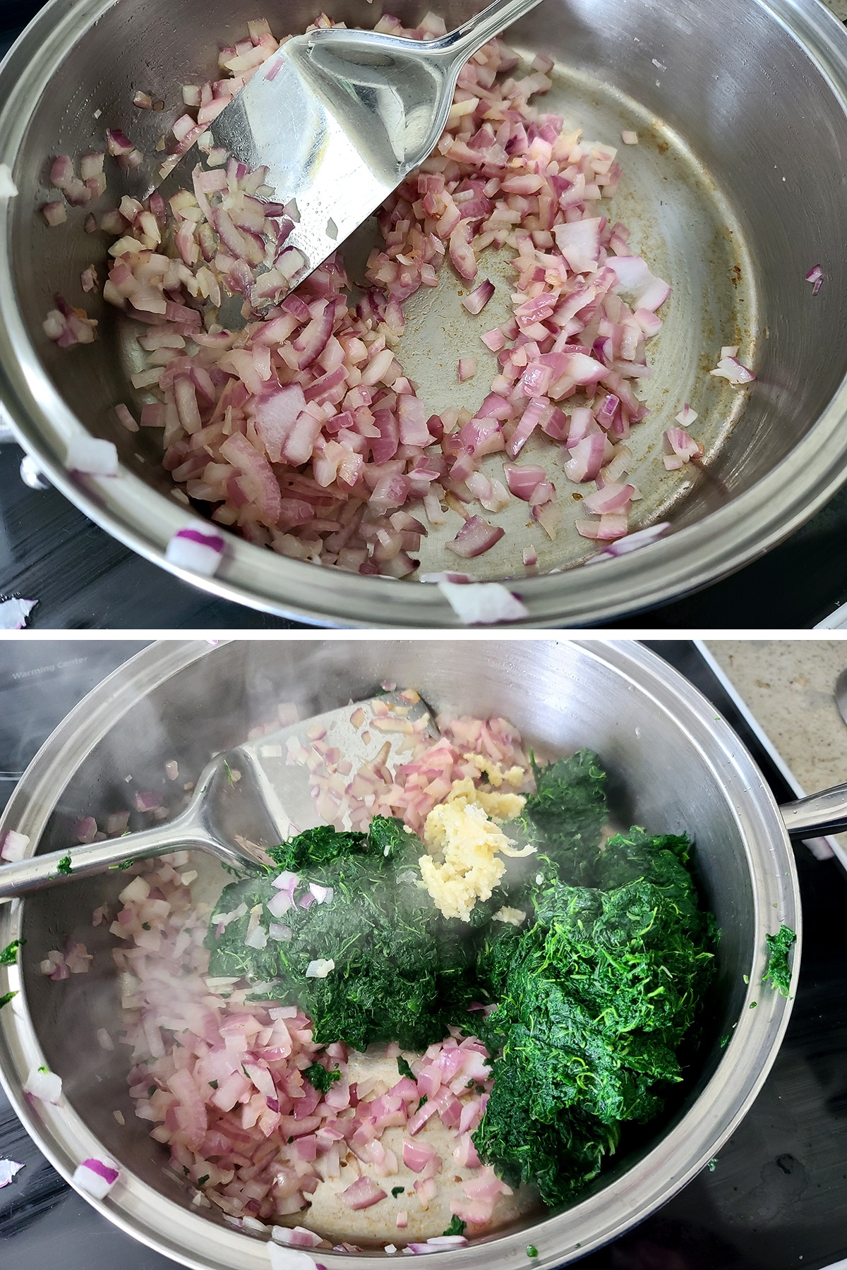 A two part image showin the red onions being sauteed, then with spinach and garlic added to the pan.