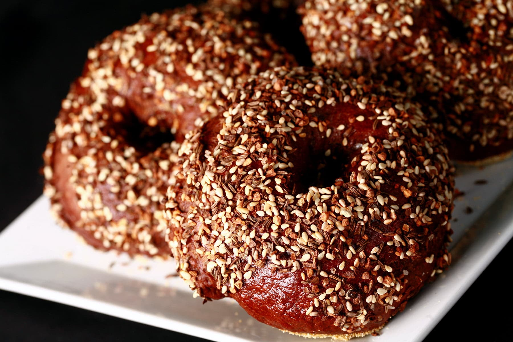 Several Pumpernickel "Everything" Bagels on a square white plate.