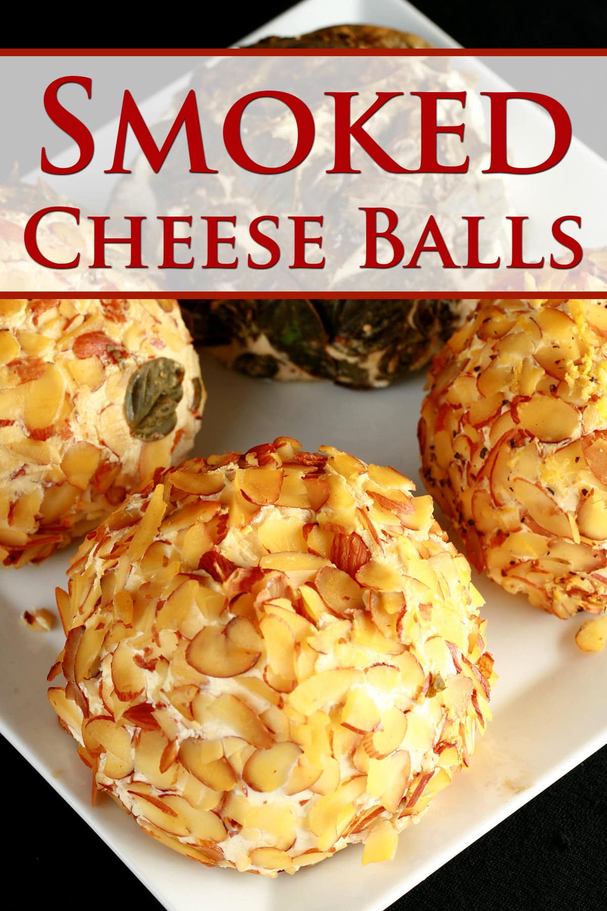 4 smoked cheese balls - with various coatings - are arranged on a plate.