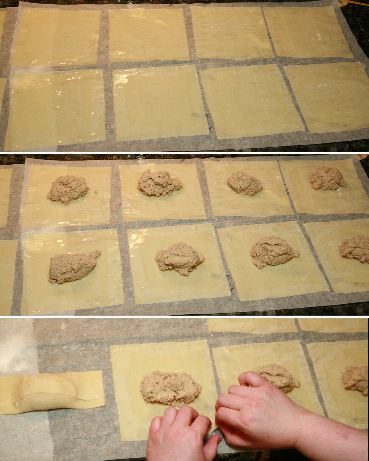 A compilation of 3 images, demonstrating brushing the wrappers, placing the filling, and starting to fold the wrappers.