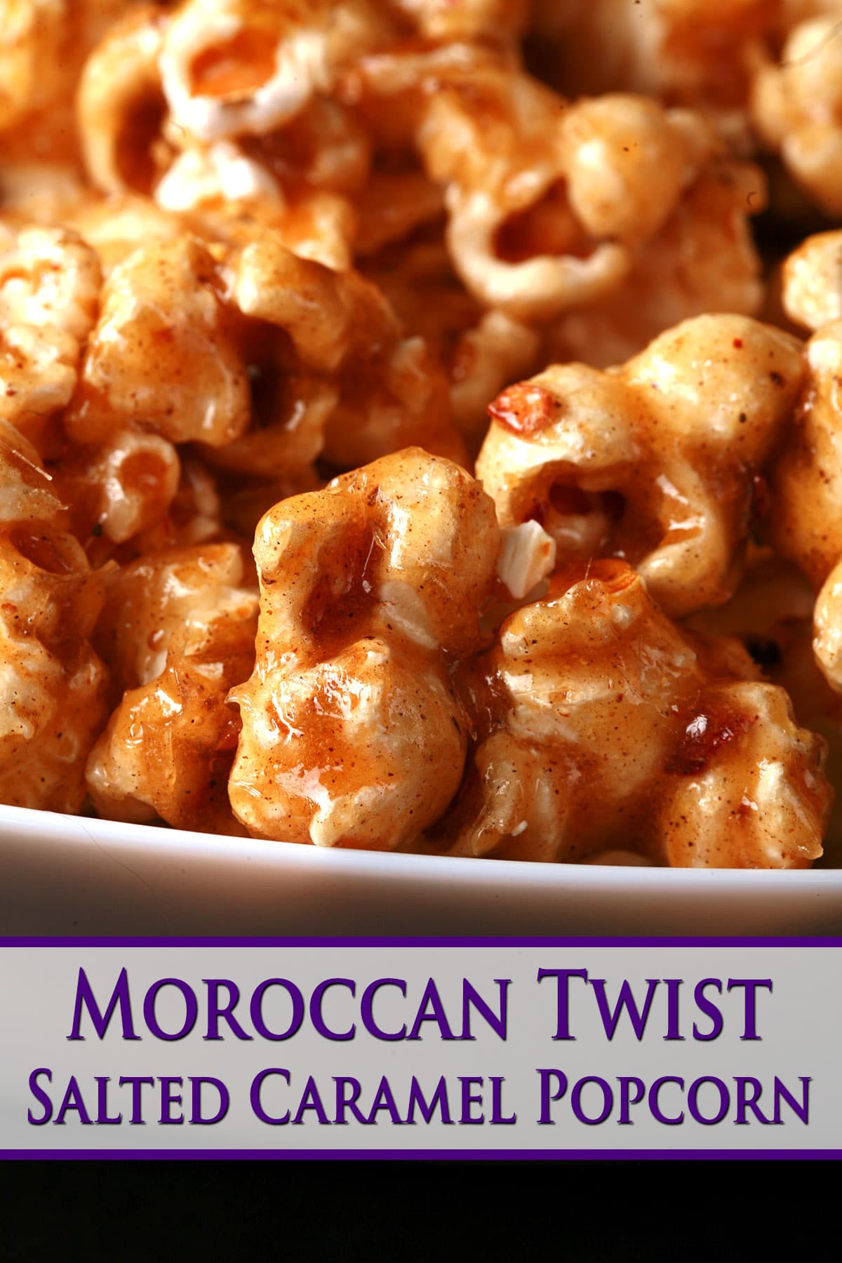 Close up view of a bowl of Moroccan Twist Salted Caramel Popcorn.