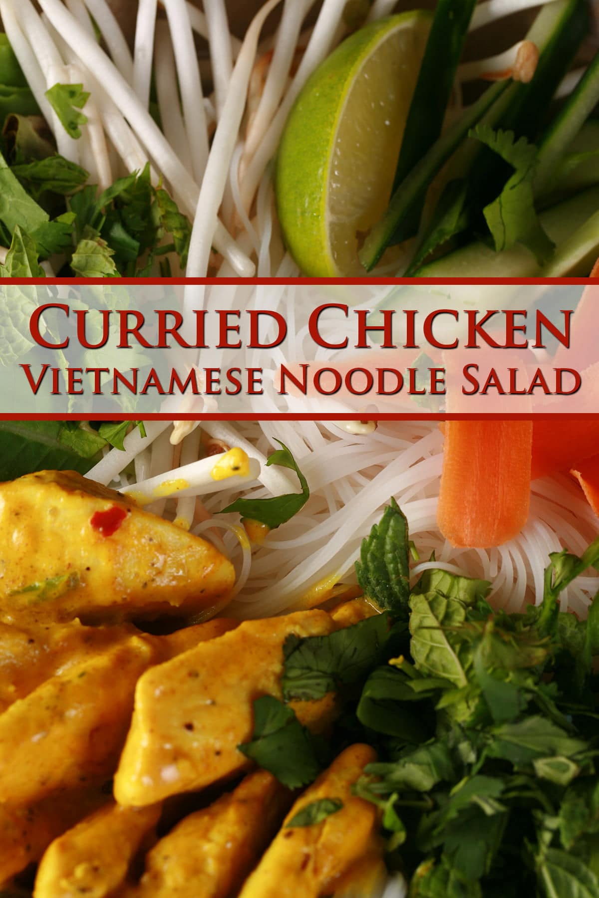 A close up view of a bowl of curried chicken Vietnamese noodle salad. Thin vermicelli noodles are visible under an arrangement of curred chicken pieces, cilantro and mint, carrot ribbons, bean sprouts, and lime wedges.