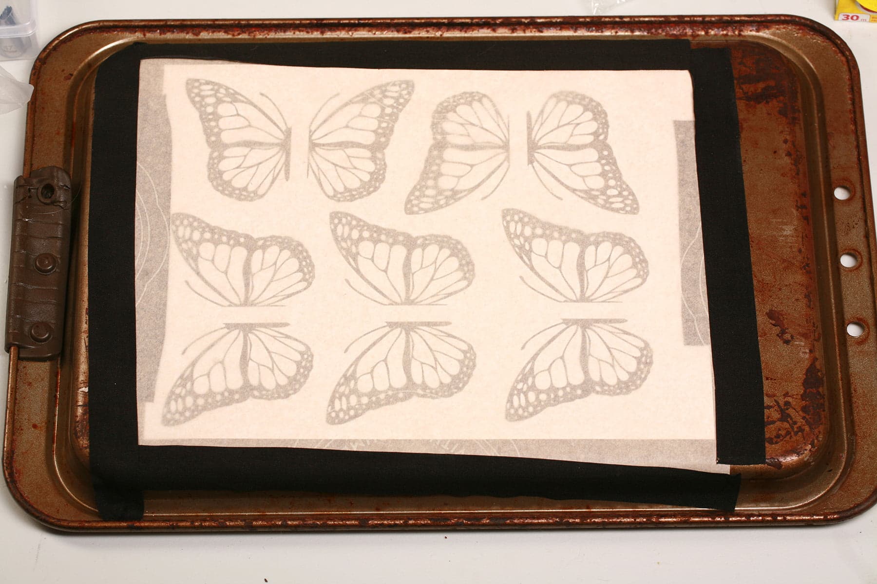 A page of butterfly wing designs is taped to the back of a baking sheet, and covered with parchment paper.