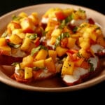 An oval plate with several servings of fresh peach bruschetta - toasted baguette slices with goat cheese, chopped peaches in balsamic vinegar, and ribbons of fresh basil.