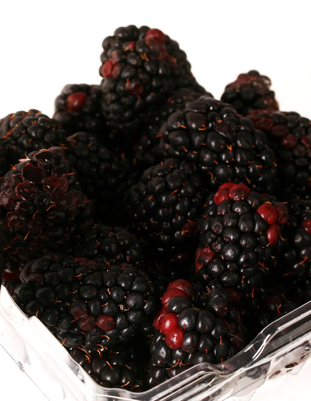 A tray of fresh blackberries in front of a white background.