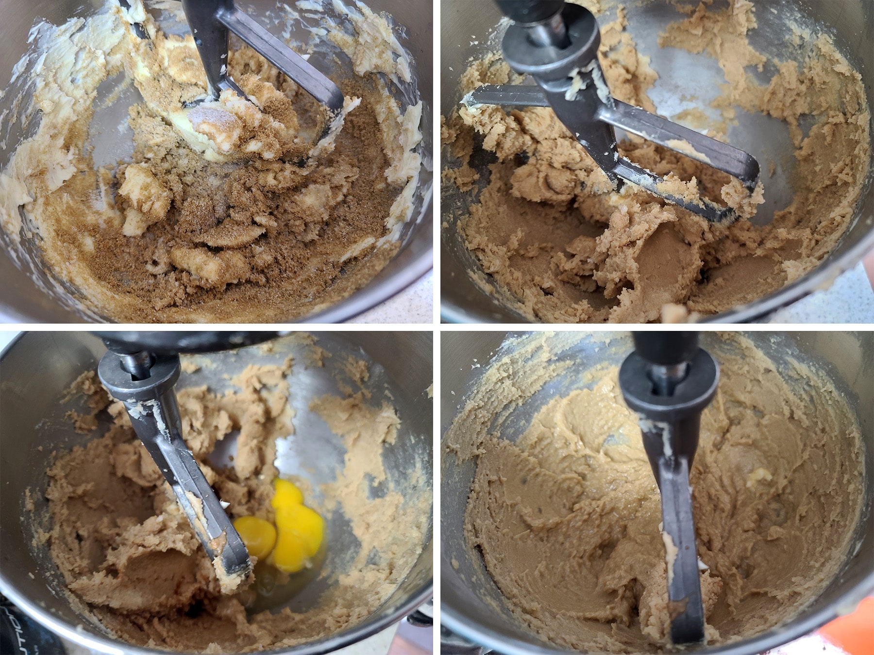 Butter and sugar being creamed together in a stand mixer, eggs and vanilla added.