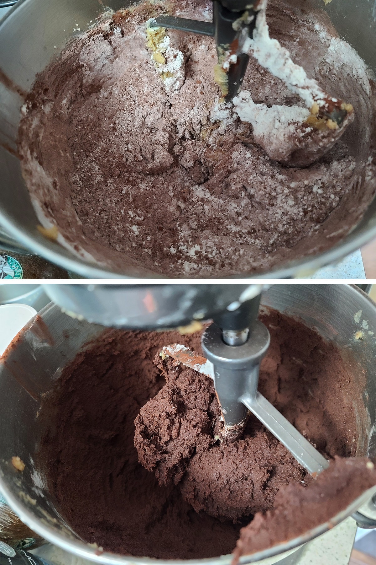 Cocoa and flour are added to the butter and sugar mix, and beaten to a dough.