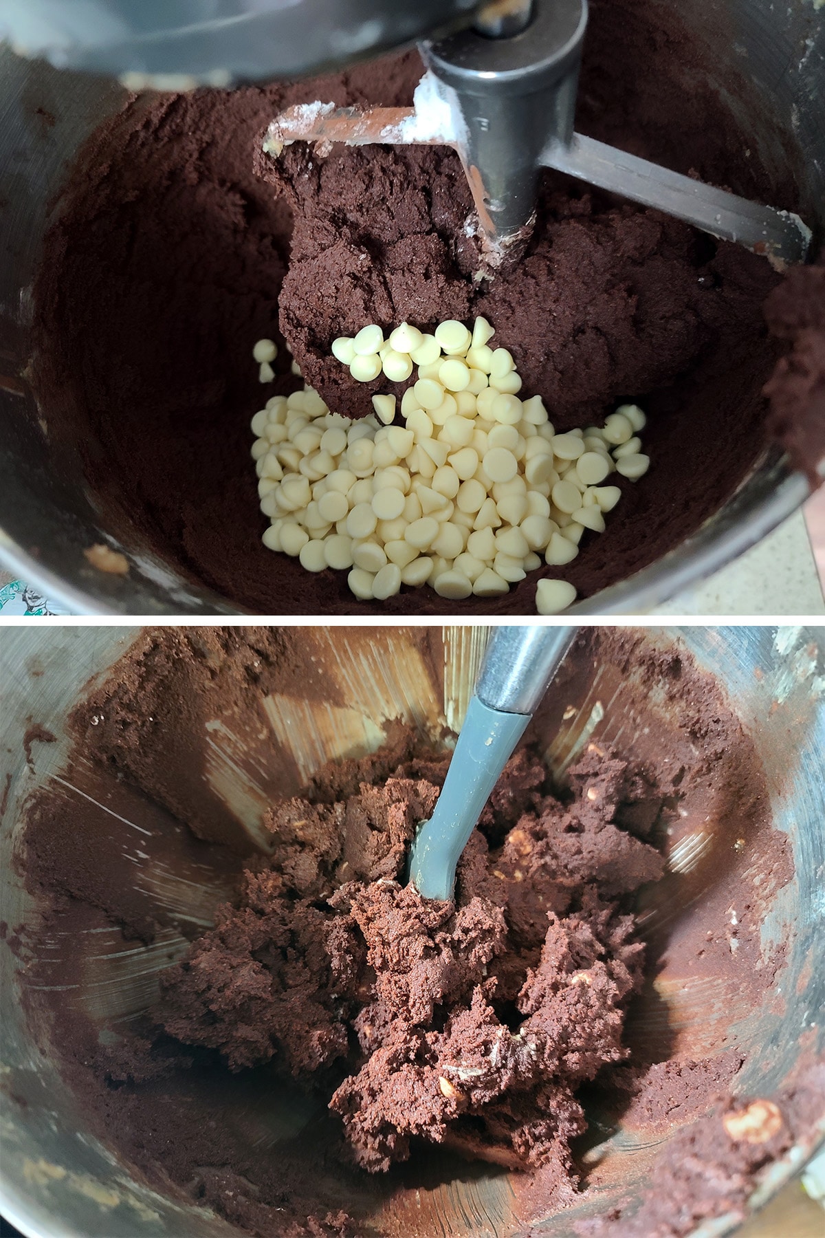 White chocolate chips being added to the bowl of chocolate cookie dough.