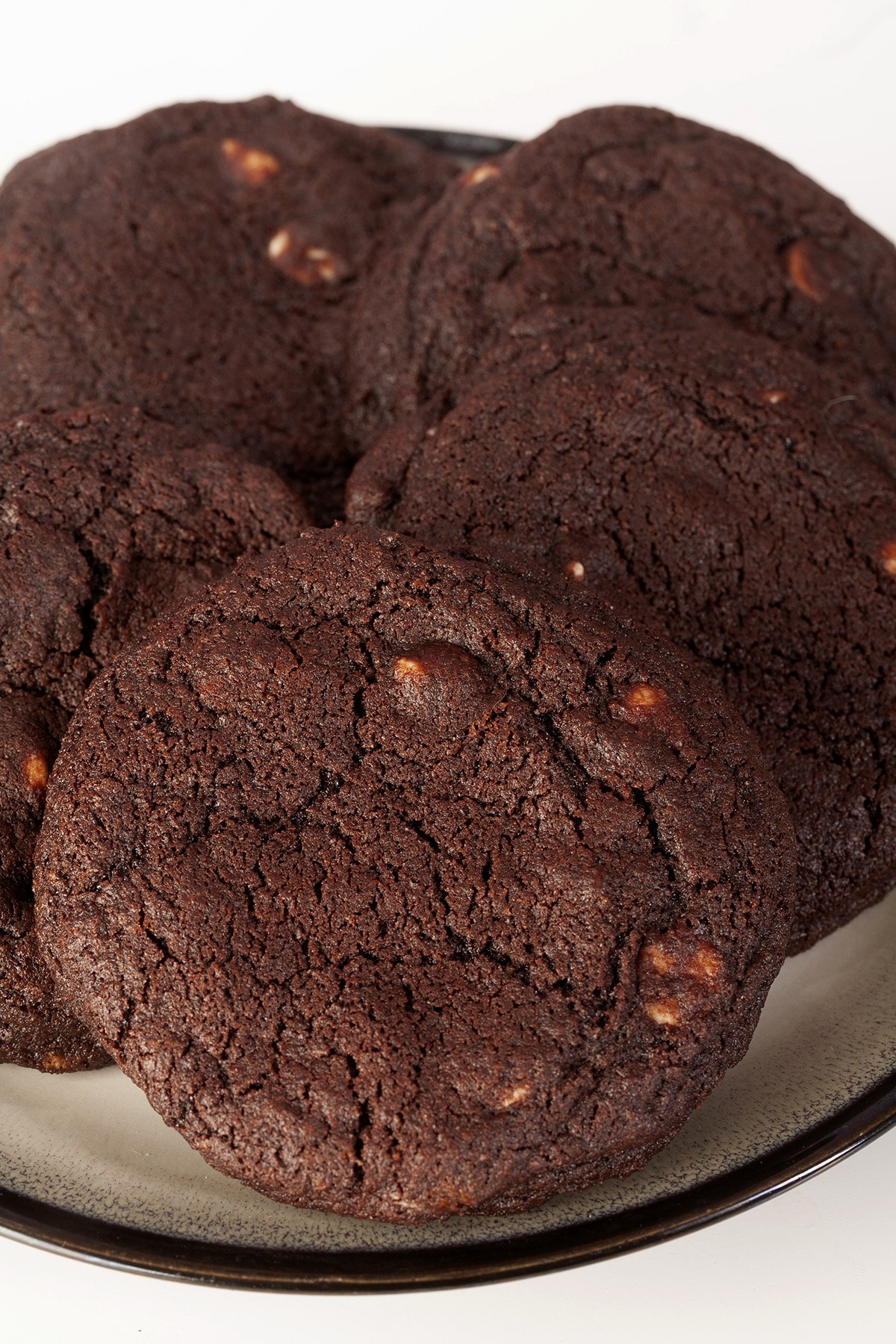 A plate of chewy chocolate white chip cookies.