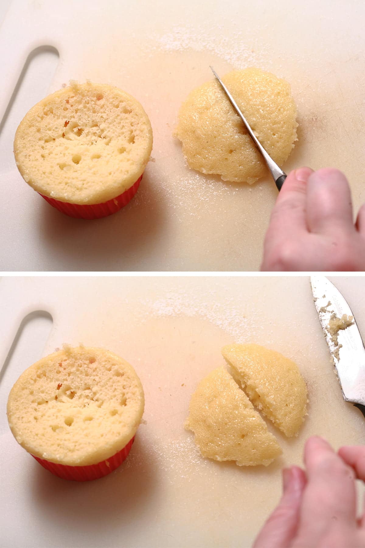 A two part image showing the removed dome of cupcake being cut in half.