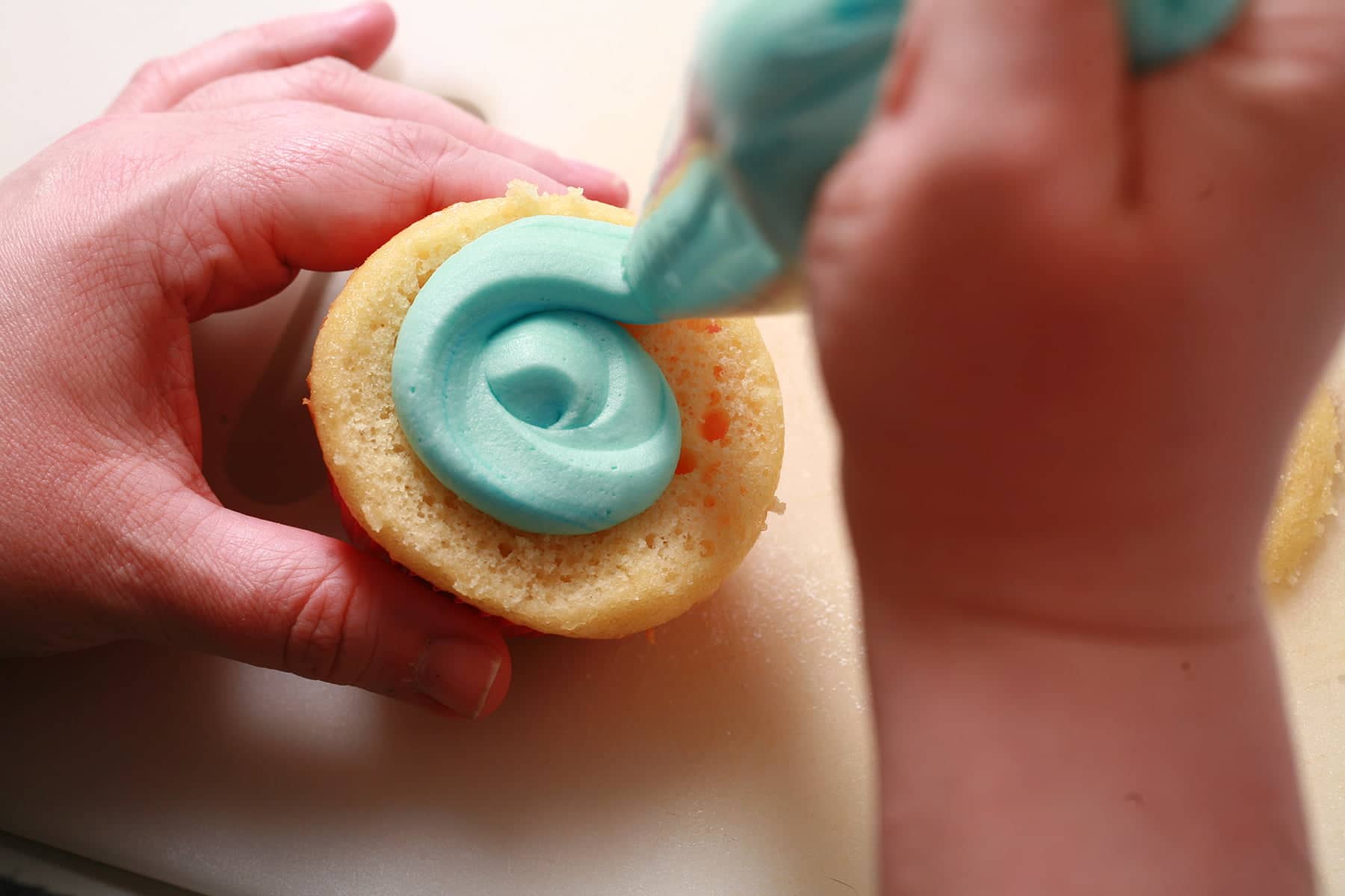 Teal frosting is being piped onto a vanilla cupcake with the top cut off it.