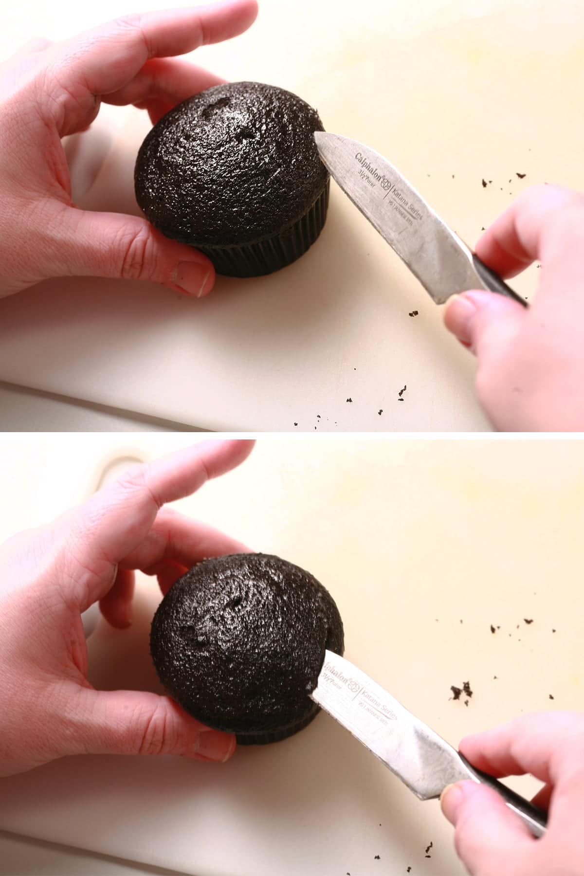 A two part compilation image showing the top being cut off of a black velvet cupcake.