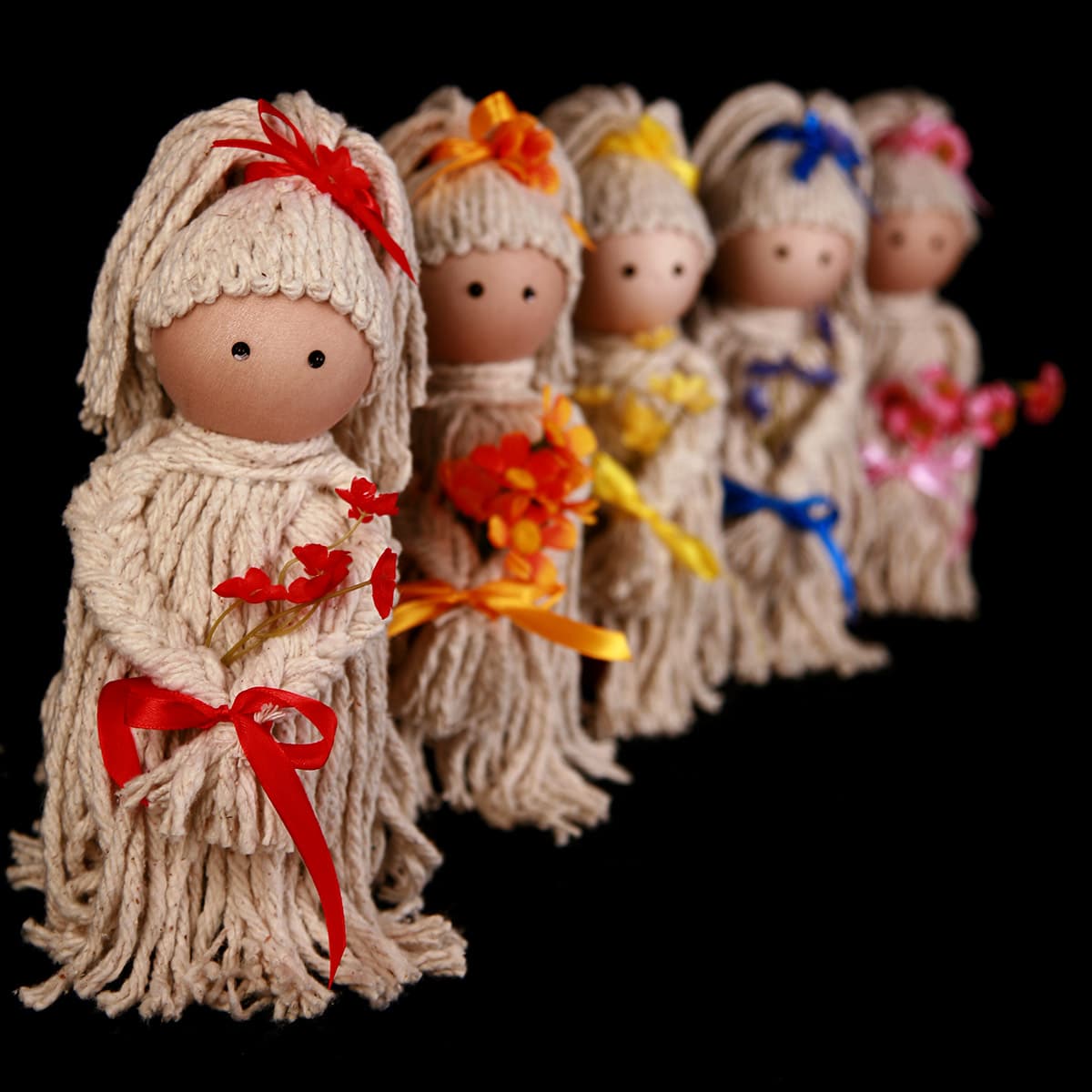 5 finished Mop Doll Air Fresheners in a row