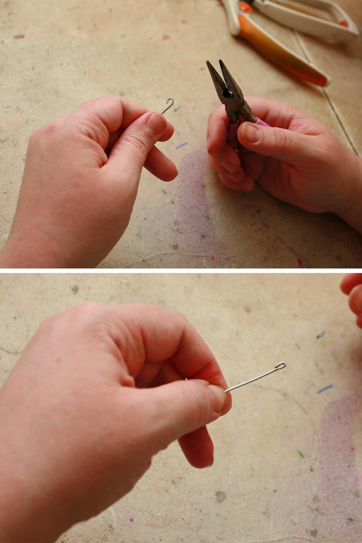 Pliers are being used to bend the tips of the wire.
