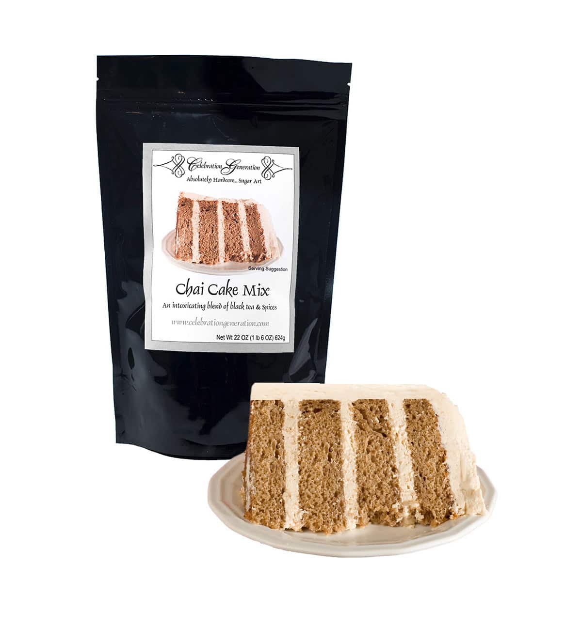 A slice of 4 layer chai cake in front of a bag of chai cake mix