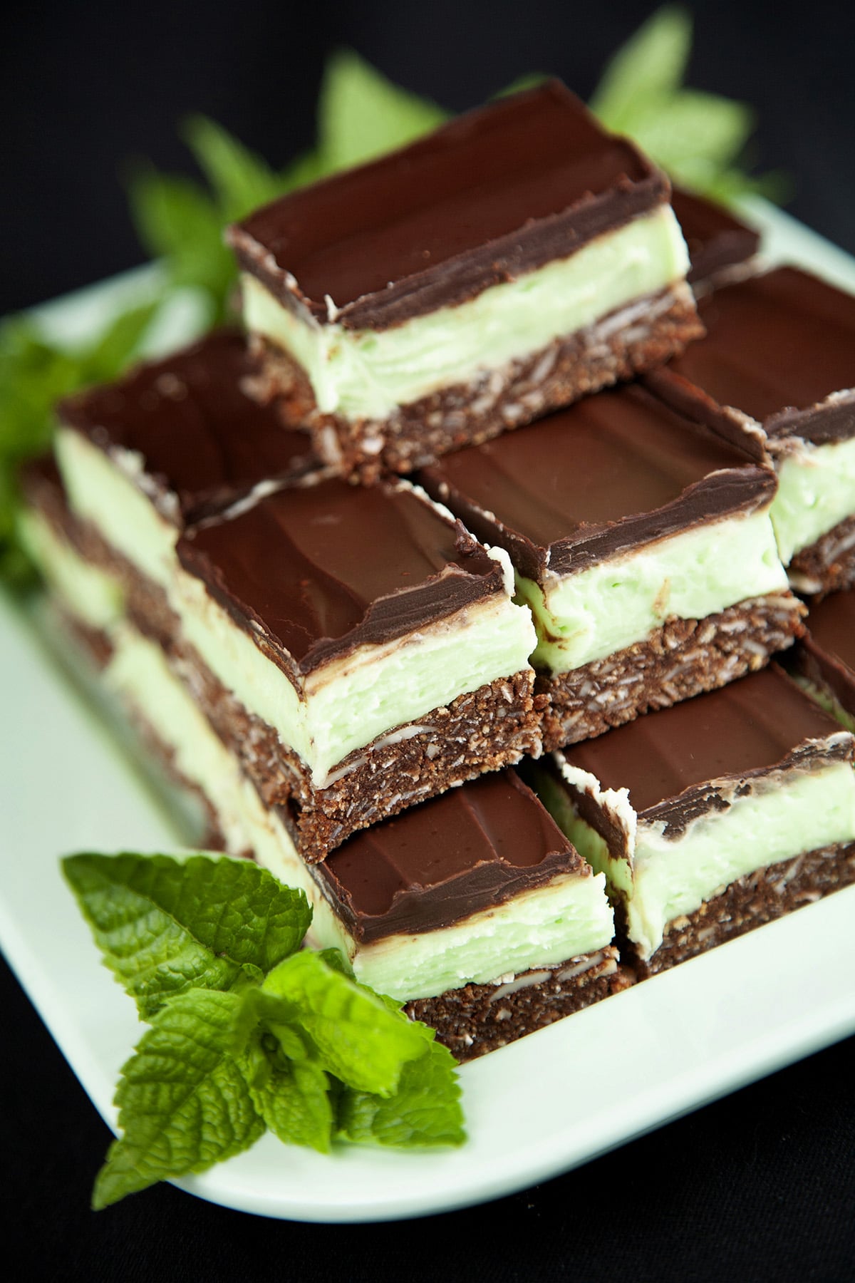 Close up view of a plate of Creme de Menthe Nanaimo Bars - a 3 layered bar. The top and bottom layers are chocolate, and the middle layer is a green buttercream. They are on a green plate, garnished with a sprig of fresh mint.