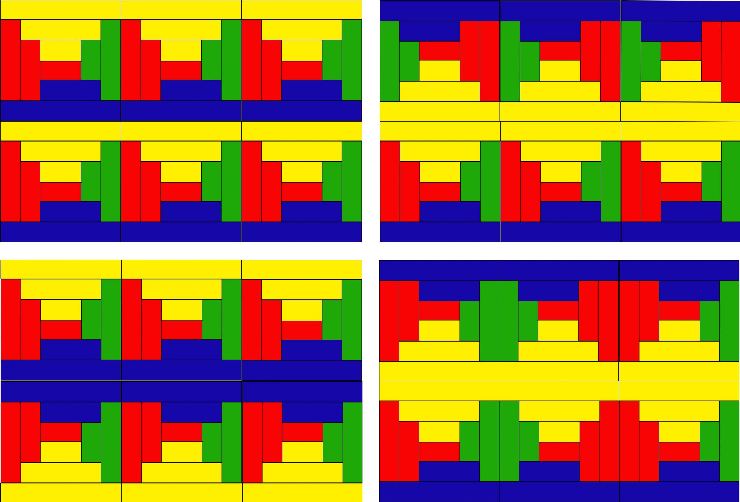 A graphic representation of 4 different rectangles made up up bars of red, yellow, green, and blue.