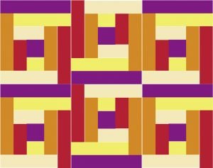 A multi-colored array of rectangles arranged in a repeating, but rotated pattern. The pattern repeats three wide, and two high.