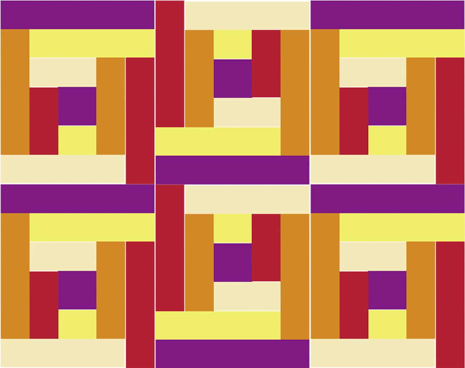 A multi-colored array of rectangles arranged in a repeating, but rotated pattern. The pattern repeats three wide, and two high.