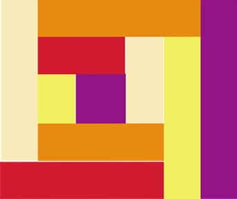 A graphic representation of a square made up up bars of red, orange, yellow, cream, and purple