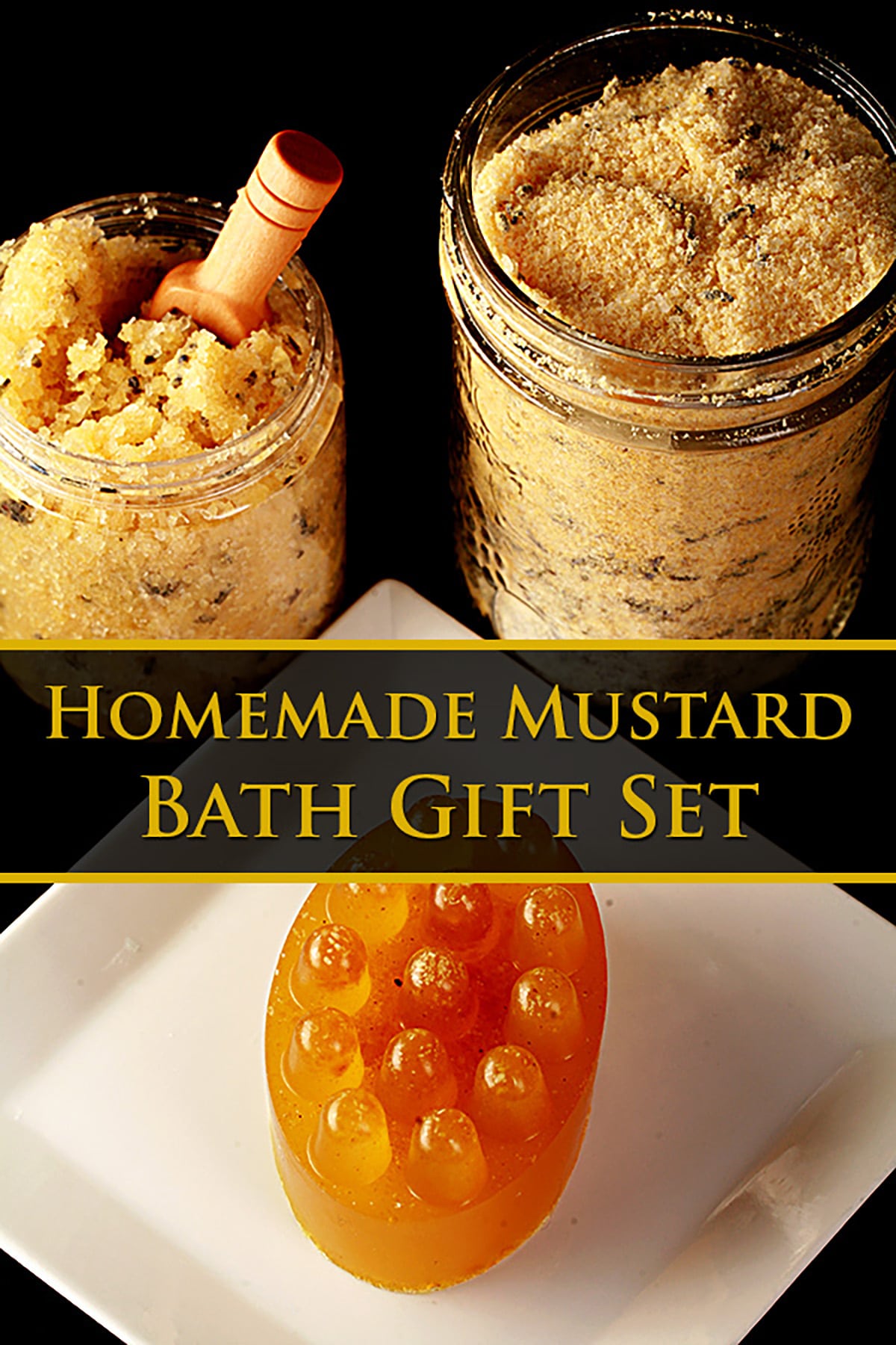 A 3 piece mustard bath gift set - the mustard bath salt, a salt scrub, and a nubby yellow mustard soap.