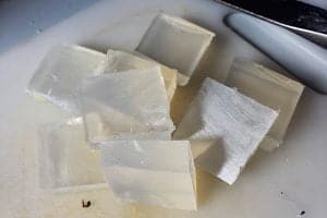 Close up view of a small pile of chopped up clear glycerin soap