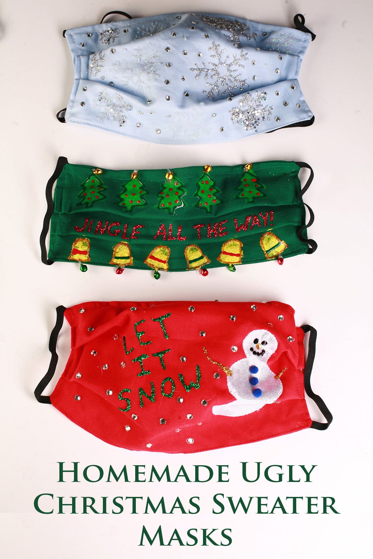 An array of 3 gaudily decorated "Ugly Christmas Sweater" style face masks, on a white background.