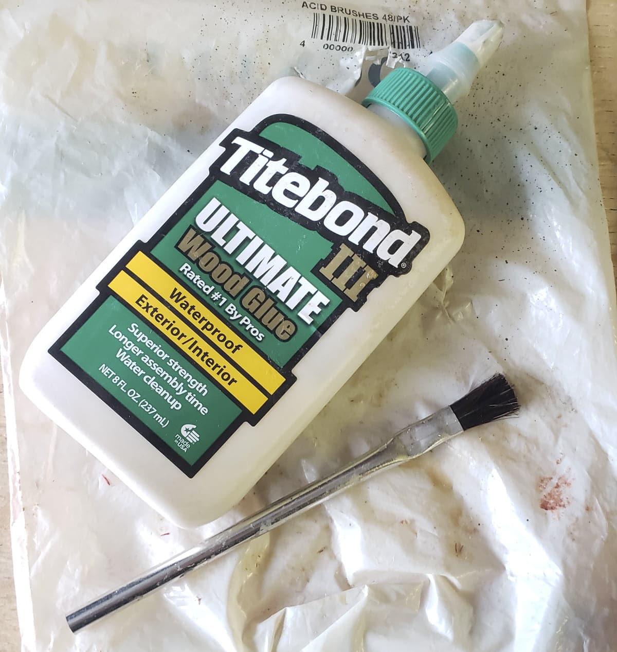 A bottle of Titebond III Glue and a glue brush