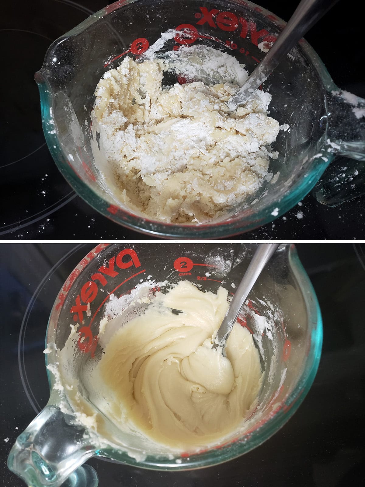 Two photos showing the progression of the maple glaze. The top photo shows a raggedy mix, the bottom shows a smooth glaze.