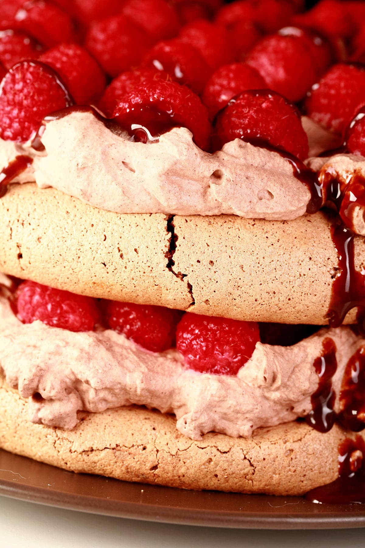 A double layered chocolate pavlova on a brown plate. Two layers of chocolate meringue are sandwiches with layers of chocolate whipped cream and raspberries, drizzled with chocolate sauce.