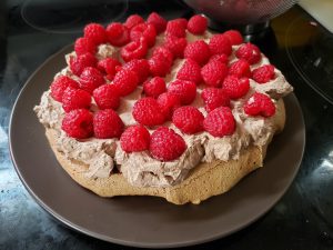 A large round chocolate meringue on a brown plate, topped with chocolate whipped cream and raspberries.