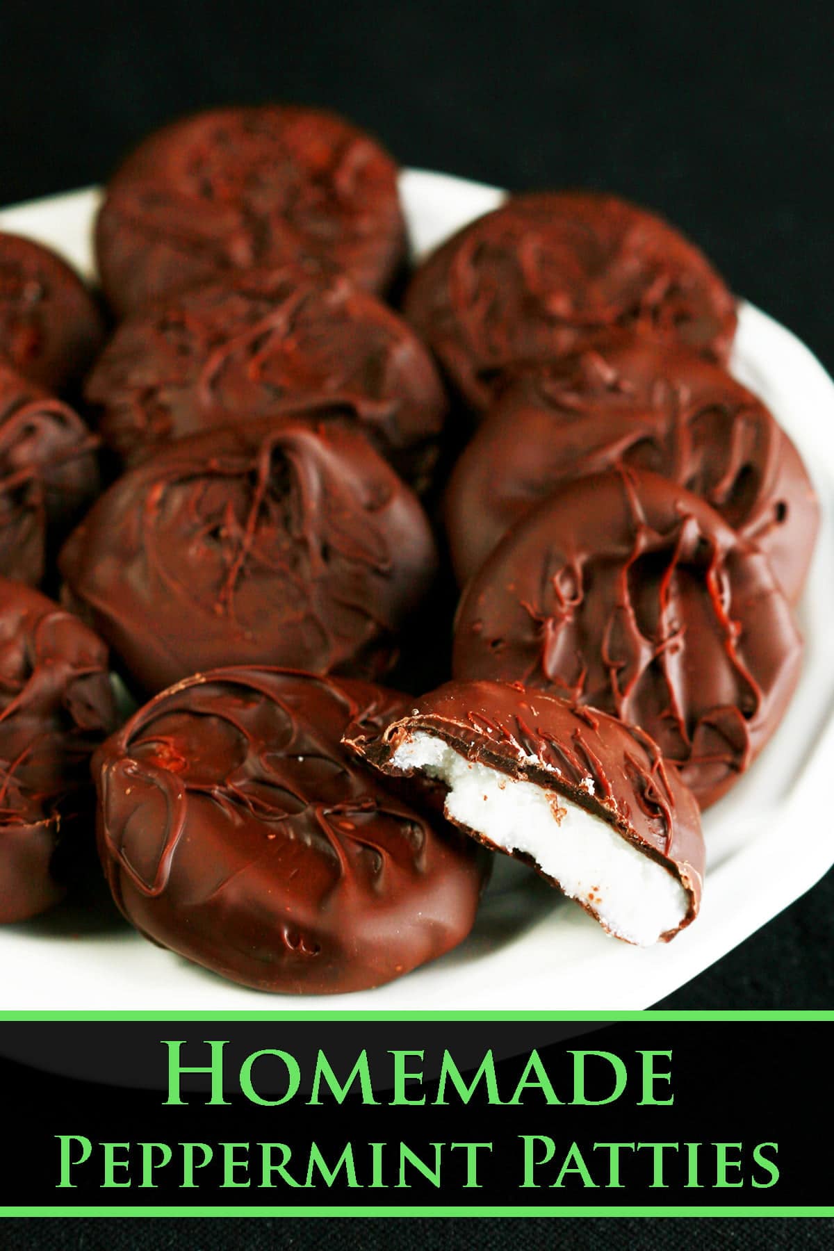 A small white plate with 10 homemade peppermint patties on it.