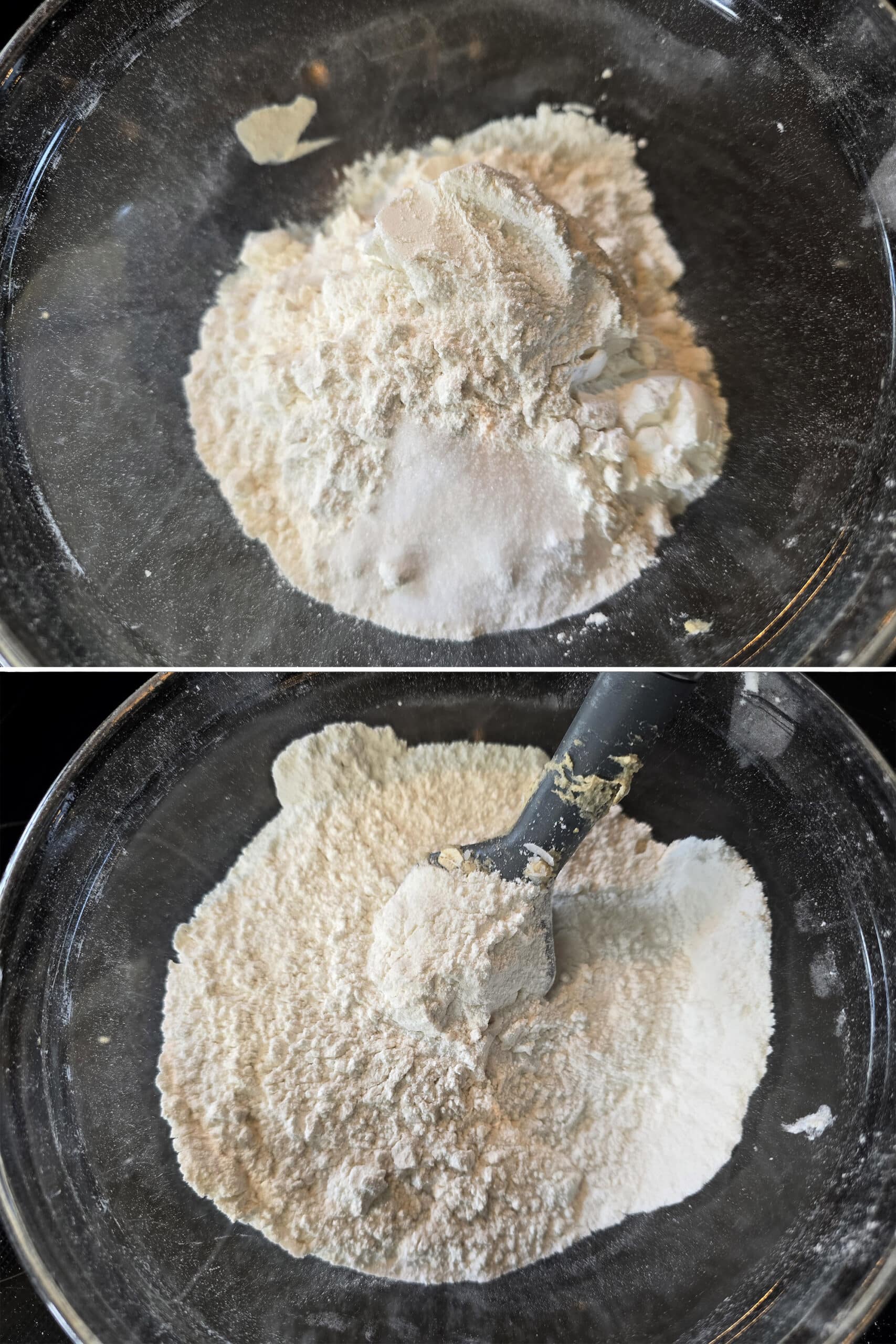 2 part image showing the dry ingredients being mixed together,