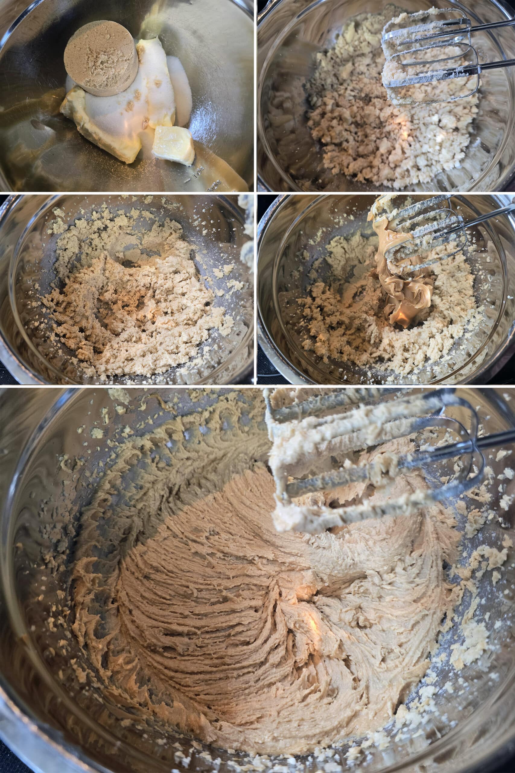 5 part image showing the butter and sugars being creamed, then the peanut butter being beaten in.