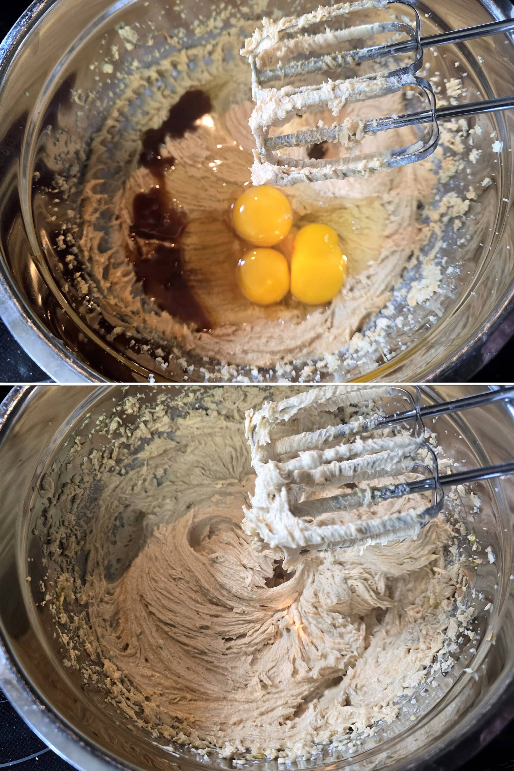 The vanilla and eggs being beaten into the creamed butter and sugar mixture.