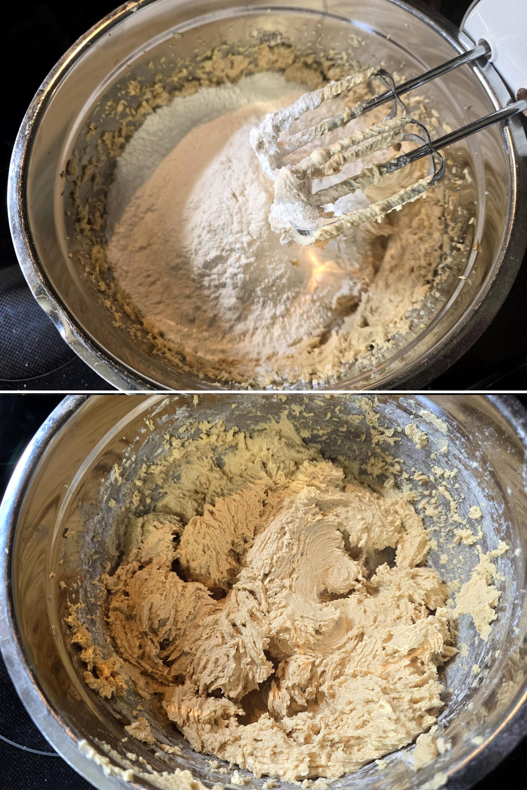 2 part image showing the dry ingredients being mixed into the bowl of wet ingredients.